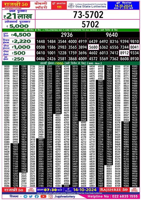 Rajshree 50 Som Weekly lottery result, 7:30 pm, 10.06.2024.